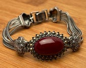 Striking Art Deco Sterling Silver Carnelian & Marcasite Bracelet