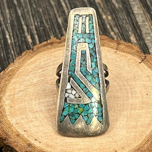 Vintage Native American Turquoise Chip Inlay Sterling Silver Long Tapered Ring