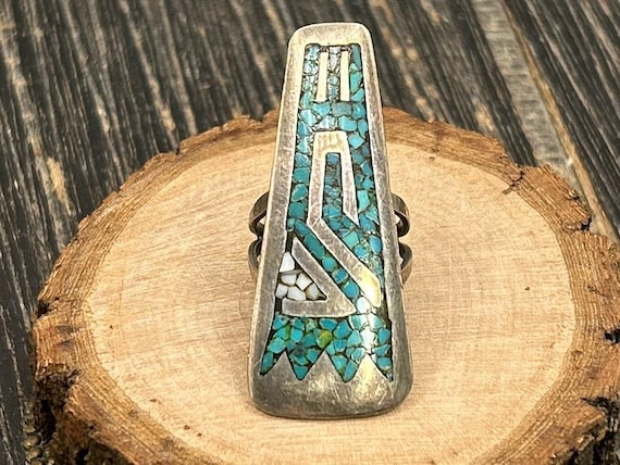 Vintage Native American Turquoise Chip Inlay Sterling Silver Long Tapered Ring