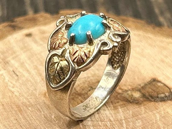 Black Hills Gold Ring, Turquoise & Leaf Design, Size 6.25, Sterling Silver, 12k Gold, Vintage Statement Ring