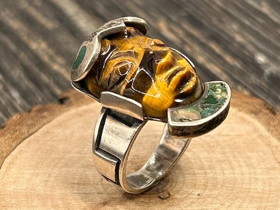 Vintage Mexican Sterling Silver Ring Carved Tigers Eye Heavy Taxco Eagle 3 and Signed