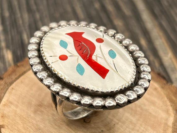 Vintage Zuni Style Cardinal Ring Size 9.75 Sterling Silver Mother of Pearl Coral Turquoise Inlay Heavy 16g Southwest Bird Jewelry