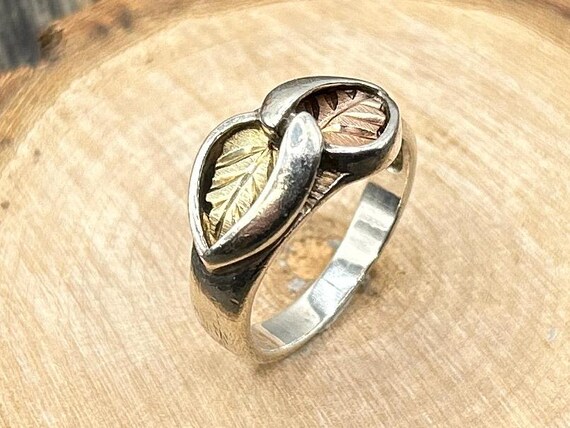 Vintage Black Hills Gold Sterling Silver Leaf Ring Coleman Co 12K Tri Color