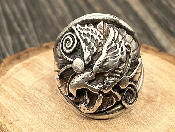 Vintage Sterling Silver Eagle Ring Heavy Style Men's Statement Band Marked LH