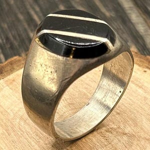 Vintage Taxco Mexican Silver Ring Black Onyx Sterling Inlay Modernist Statement Size 13.5 Heavy
