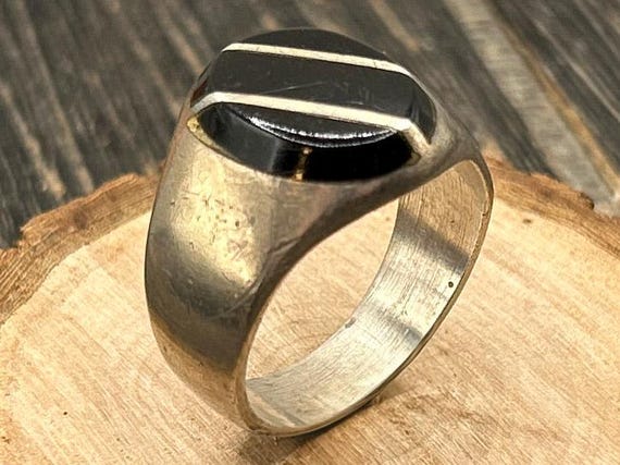 Vintage Taxco Mexican Silver Ring Black Onyx Sterling Inlay Modernist Statement Size 13.5 Heavy