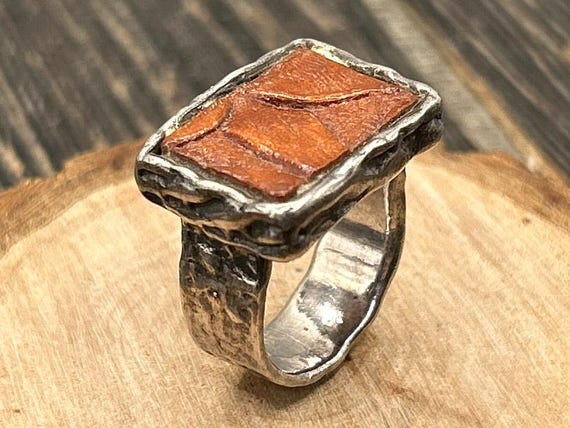 Captivating Sterling Silver Leather Inlay Statement Ring, Rustic Textured Band, Unique Artisan Jewelry