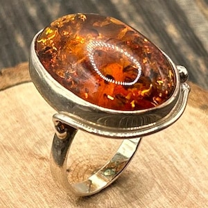 Vintage Amber Sterling Silver Ring, Size 7.25, Abstract Design, Baltic Amber Jewelry