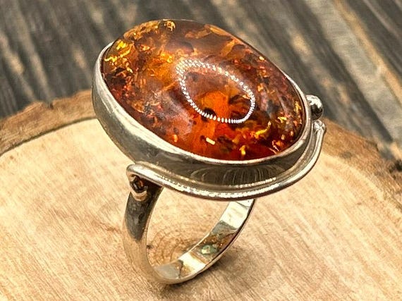 Vintage Amber Sterling Silver Ring, Size 7.25, Abstract Design, Baltic Amber Jewelry