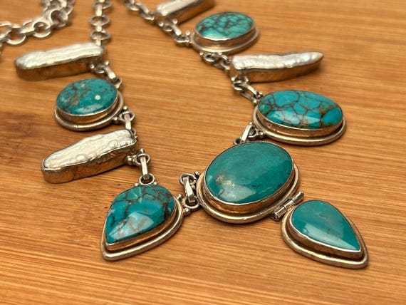 Sterling Silver Turquoise Stick Pearl Statement Necklace Adjustable Length Southwestern Boho Style Chunky Gemstone Bib