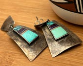 Ray Tracey Knifewing Segura Sterling Inlay Earrings - Vintage Native American Geometric Dangles Feather Mark