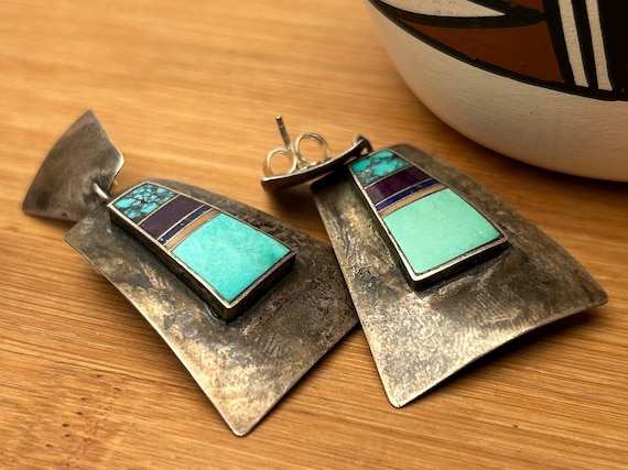 Ray Tracey Knifewing Segura Sterling Inlay Earrings - Vintage Native American Geometric Dangles Feather Mark