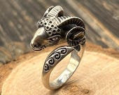 Rams Head Ring, Adjustable Silver Ring, Ram Ring, Mens Ram Ring, Womens Ram Ring