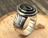 Stunning Vintage Mike Platero Sterling Silver & Black Onyx Statement Ring, Size 10 Wide Band, 8.6g, Asymmetrical Design, Signed