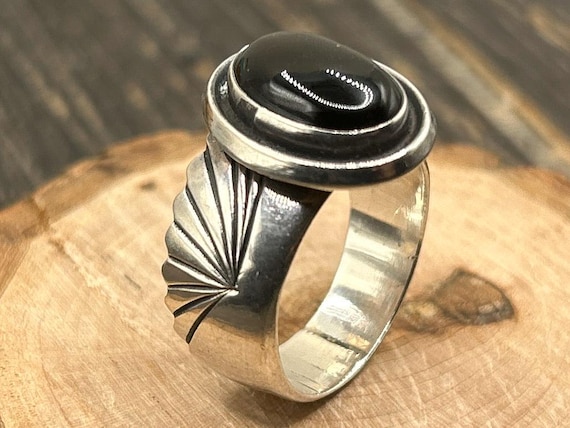 Stunning Vintage Mike Platero Sterling Silver & Black Onyx Statement Ring, Size 10 Wide Band, 8.6g, Asymmetrical Design, Signed