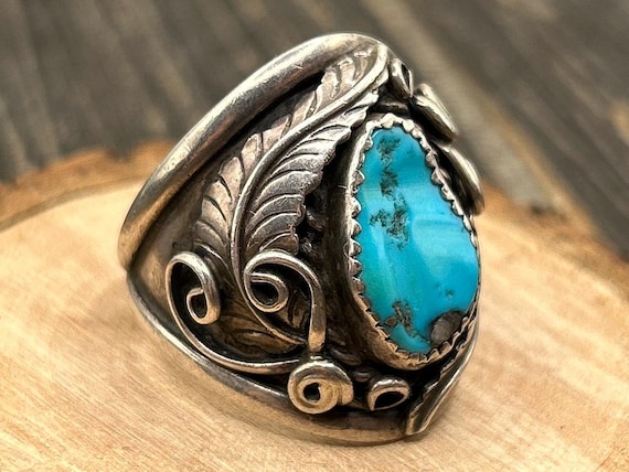 Vintage Navajo Style Turquoise & Sterling Silver Statement Ring | Size 10.5 Southwestern Wide Band Old Pawn Style Mens Ring
