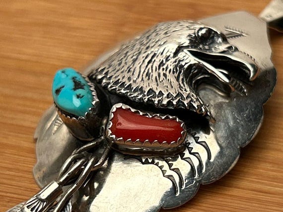 Vintage Navajo Eagle Sterling Silver Pendant with Turquoise and Coral - F. James