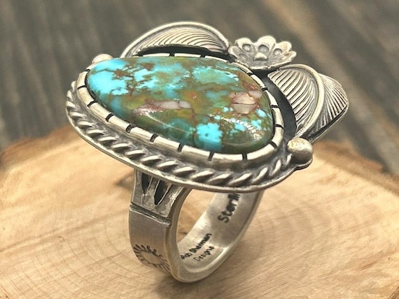 Sterling Silver Kingman Turquoise Polychrome Ring, Wide Band Statement Ring, Hand Stamped Design, Rob Sherman Design, Size 10