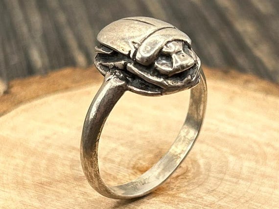 Vintage Sterling Silver Egyptian Revival Scarab Ring, Size 7 1/2, Intricate 3D Detailing, 7.4 Grams
