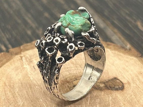 Vintage Sterling Silver Turquoise Brutalist Ring, Statement Cocktail Ring, Size 7 3/4