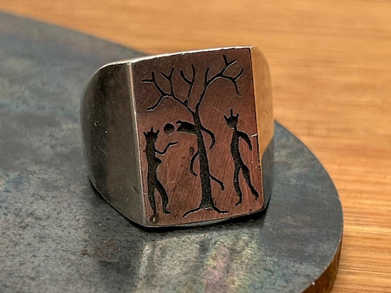 Vintage Sterling Silver Tree of Life Adam and Eve Ring, Taxco Mexico, Size 10 1/4