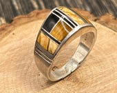 Vintage Sterling Silver Inlay Band Ring - Southwest Style Tiger's Eye Black Onyx Picture Jasper Signed MV