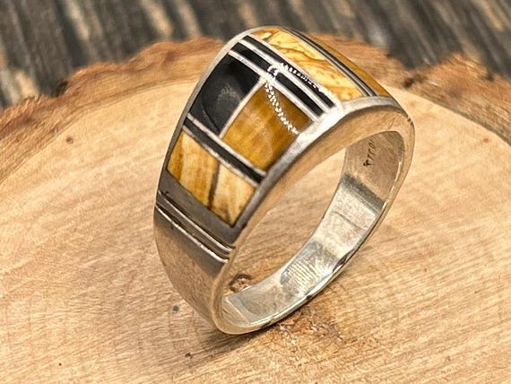 Vintage Sterling Silver Inlay Band Ring - Southwest Style Tiger's Eye Black Onyx Picture Jasper Signed MV
