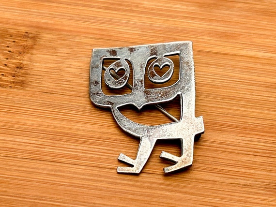 Charming Hand-Crafted Sterling Silver Owl Brooch Pin | "Whooos Your Love" by Stousland | 1970s Modernist Design