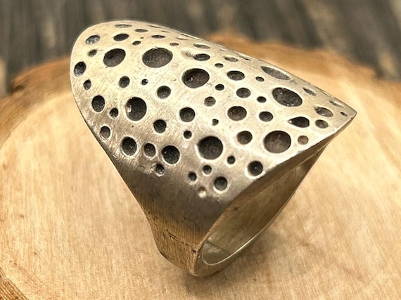 Signed Brutalist Sterling Silver Statement Ring XE 2010 - Abstract Modernist Sculptural Design Size 6 3/4