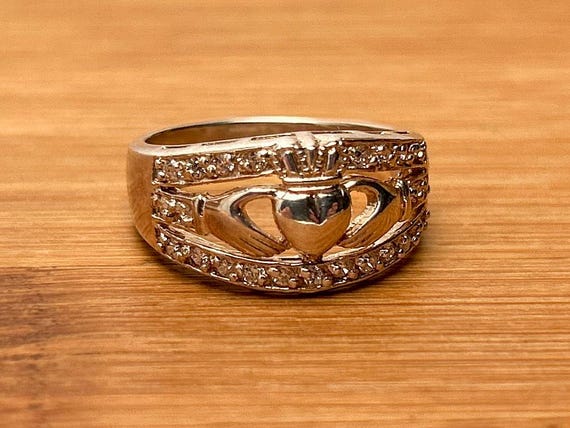 Authentic Irish Claddagh Ring with CZ Stones, Sterling Silver, Size 8 - SOLVAR Ireland