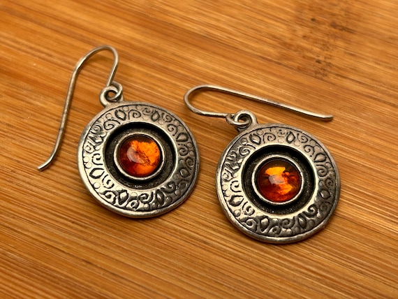 Sterling Silver Israel Didae Dangling Earrings with Amber Stone