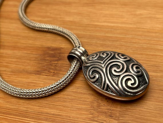 Sterling Silver Locket Necklace, Vintage Bali Style Jewelry, Engraved Locket Necklace, 925 Silver Locket, Woven Silver Chain
