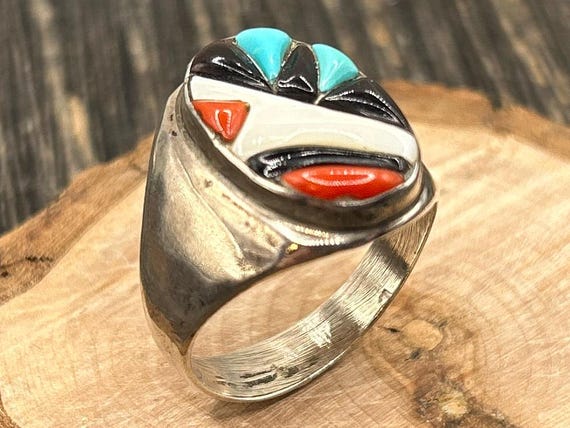 Vintage Zuni Inlaid Abstract Design Ring, Size 12, Signed R8GT, Sterling Silver, Turquoise, Coral, Jet, Mother of Pearl