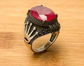 Ornate Sterling Silver Ruby Ring with Marcasite Bezel and Crown Detail