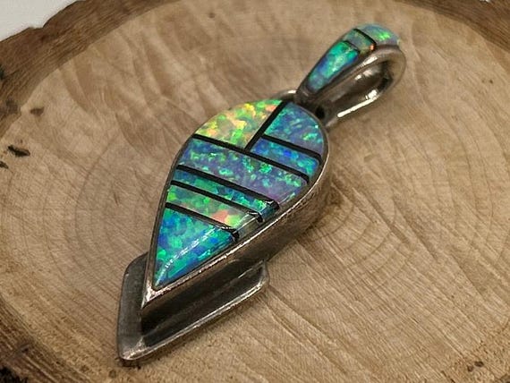 Vintage Charlie Bowie Navajo Sterling Silver Created Opal Inlay Pendant Southwestern 1 3/4 Inch