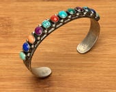Vintage Native American Sterling Silver & Multi-Gemstone Row Cuff Bracelet | Zuni-Style Rainbow Cuff | Stamped Infinity Hallmark