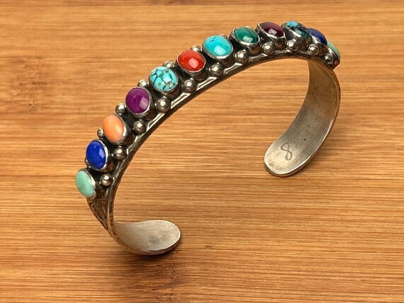 Vintage Native American Sterling Silver & Multi-Gemstone Row Cuff Bracelet | Zuni-Style Rainbow Cuff | Stamped Infinity Hallmark