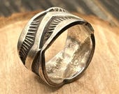 Vintage Sterling Silver Wide Band Ring, Heavy Stamped Southwestern Style, Size 7 1/4 - Authentic Handcrafted Appeal