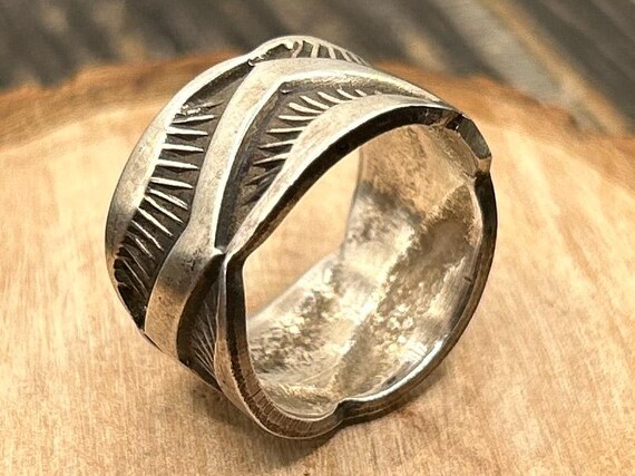 Vintage Sterling Silver Wide Band Ring, Heavy Stamped Southwestern Style, Size 7 1/4 - Authentic Handcrafted Appeal