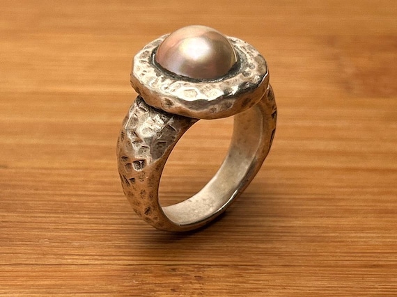 Artisan Hammered Sterling Silver Pearl Ring | Size 6 3/4 | Custom Hefty 16.7g Solid Silver Design