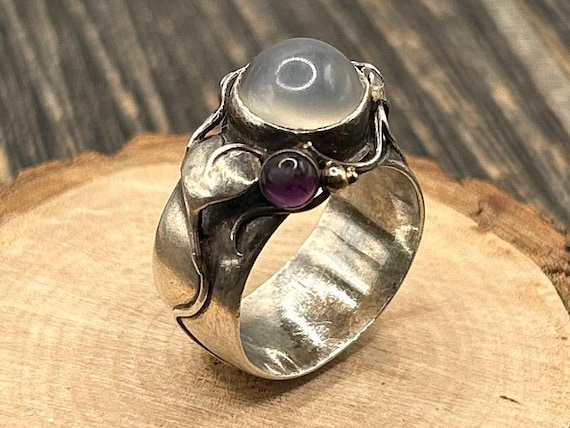 Mystic Sterling Moonstone & Amethyst Ring, Size 8.5, Artisan Crafted Statement Piece