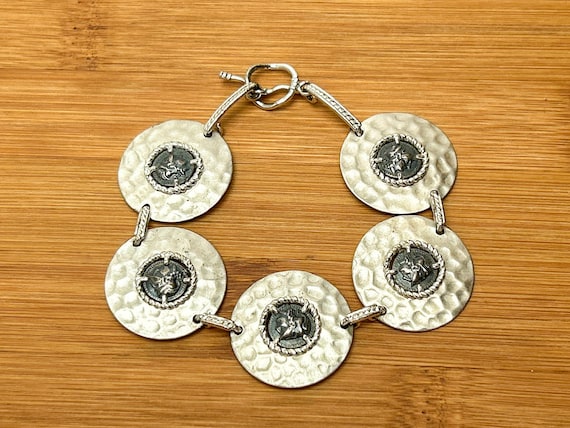 Sterling Silver Hammered Coin Panel Bracelet | Ancient Coin Replica Design | Made in USA