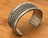 Vintage Navajo Sterling Silver Wide Rope Cuff Bracelet, Stamped Southwestern Jewelry, Heavy Statement Cuff