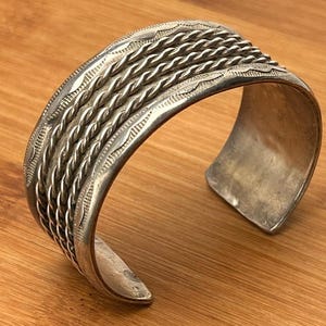 Vintage Navajo Sterling Silver Wide Rope Cuff Bracelet, Stamped Southwestern Jewelry, Heavy Statement Cuff