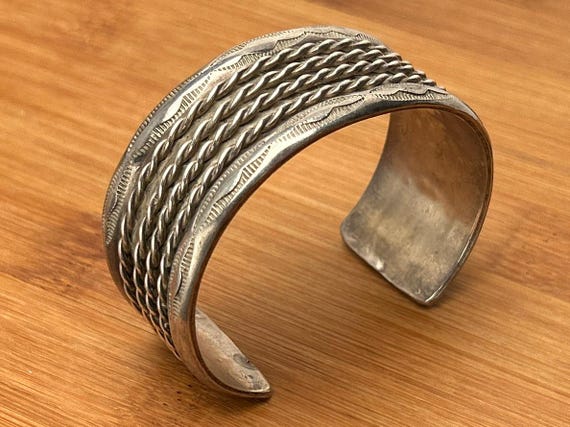 Vintage Navajo Sterling Silver Wide Rope Cuff Bracelet, Stamped Southwestern Jewelry, Heavy Statement Cuff