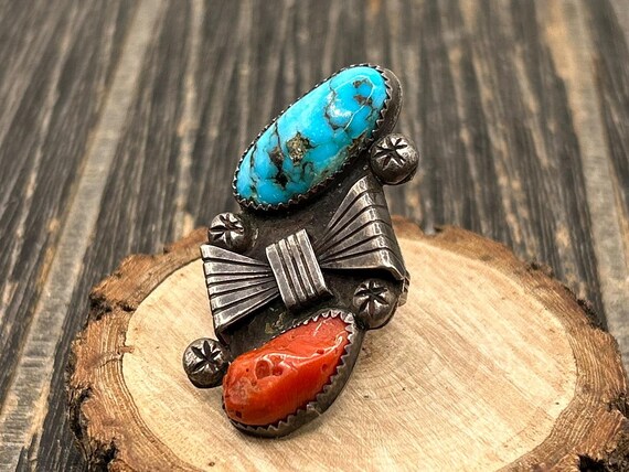 Vintage Signed Navajo Sterling Silver Ring Turquoise and Red Coral Butterfly Design Heavy Signed E Hallmark