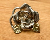 Sterling Silver Puffy/Hollow Rose Brooch/Pendent with Gold Wash on Leaves