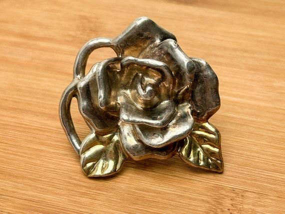 Sterling Silver Puffy/Hollow Rose Brooch/Pendent with Gold Wash on Leaves