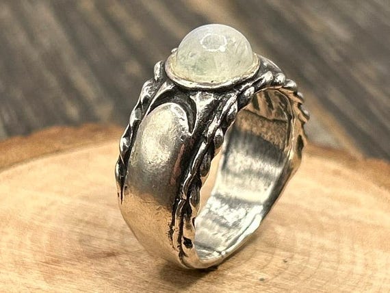 Vintage Triple Moon Goddess Ring Moonstone Cabochon Heavy Sterling Silver Signed