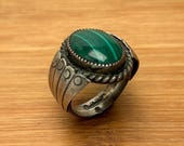 Vintage Navajo Sterling Silver Malachite Ring by B. Chapo, Feather Design, Size 10, Excellent Patina